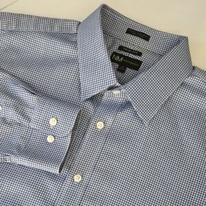 Neiman Marcus 17.5 34/35 Blue Check Button Up LS 80-2 Ply 100% Cot…